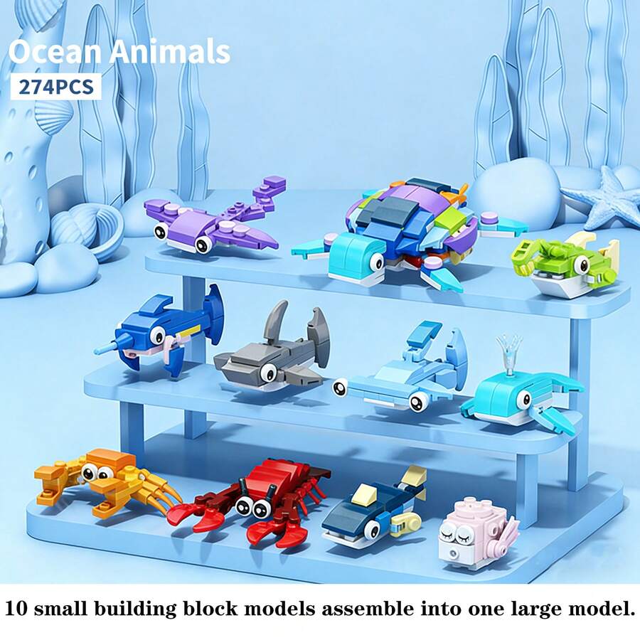 250+Pcs 10-In-1 Birds/Insects/Marine Life/Dinosaurs/Farm Animals Children's Educational Puzzle Building Blocks Set, Desktop Decor, Great Gift For Holidays, Birthdays - Multicolor - View 1