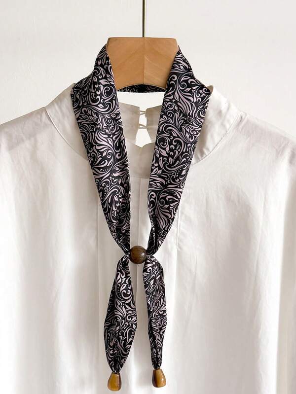 1 Pc Elegant And Fashionable Women's Small Collar Double-Layer Beaded Scarf With Adjustable Tie, Versatile Neckwear Spring Summer Perforated Scarf Narrow Double Layer Long Ribbon Accessory.