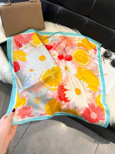1pc Elegant Fruit & Floral Print 70cm Silk-Like Square Scarf, Versatile Bandana, Waist Belt, Hair Accessory, Fashion Neckerchief For Daily Matching And Decoration