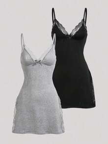 2 Pieces Of Lace Bow Decoration Romantic Side Camisole Vest Pajamas - XXL - 查看 3