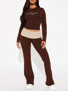 Women 2 Pieces Sets Bodycon Long Sleeves Slim Flared Trousers Casual Fall Winter Streetwear Angle Rhinestone Daily Valentine's Day Spring Clothes - màu nâu - Xem 3