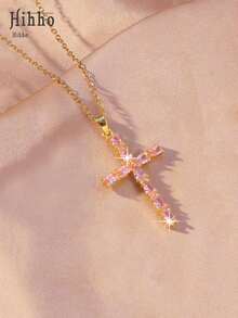 Hihho 1件简约奢华闪亮锆石十字架吊坠项链，优雅中性珠宝，寓意深刻，适合作为送给女友、闺蜜或节日礼物 - 金黃色 - 查看 15