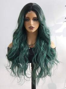 Namm 4*2 U型蕾丝假发，高密度合成纤维，24英寸黑绿渐变色中分假发，适合万圣节和圣诞节派对，耐热纤维 - 水鴨藍 - 查看 3