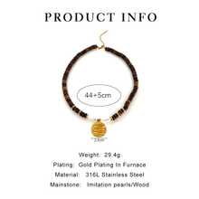 1件不锈钢圆形金鱼吊坠，配以木珠和不对称圆盘，18K镀金项链，防水百搭，女士适用 - 木串珠項鍊 - 查看 5