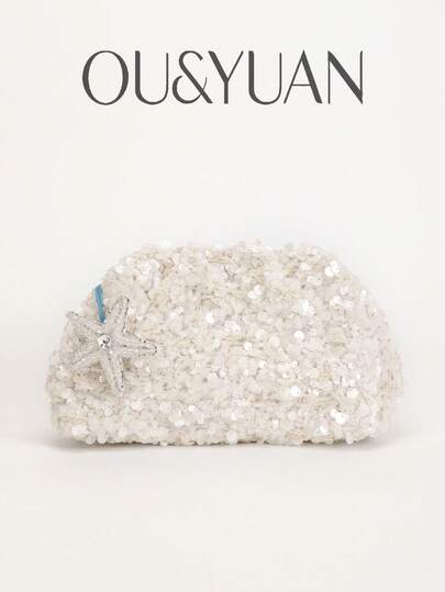 1pc Fashionable Women's Glitter Elegant Cloud Shaped Clutch Bag, Summer Beach Star Pendant Handbag, Seaside Party Evening Bag