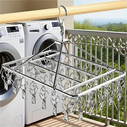 TUOGTCI 1pc Rust-Proof Hanging Clothes Drying Rack With Clips, Space-Saving Indoor/Outdoor Clothesline, Suitable For Balcony, Bathroom, Laundry Room - Easy To Clean Anti-Rust, Durable Design