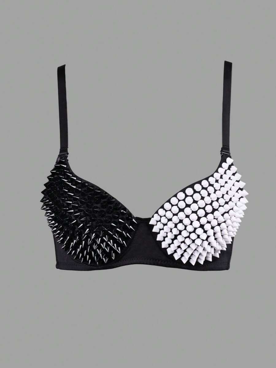 Apperloth A Gothic Spiked Detail Bustier Two Tone Crop Cami Top - Black and White - View 1