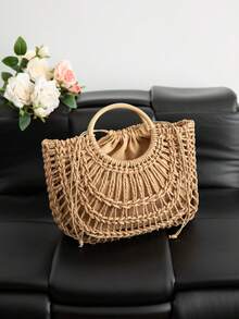 2件套新款时尚草编手提包，镂空沙滩包，大容量度假手提包 - 卡其色 - 查看 5