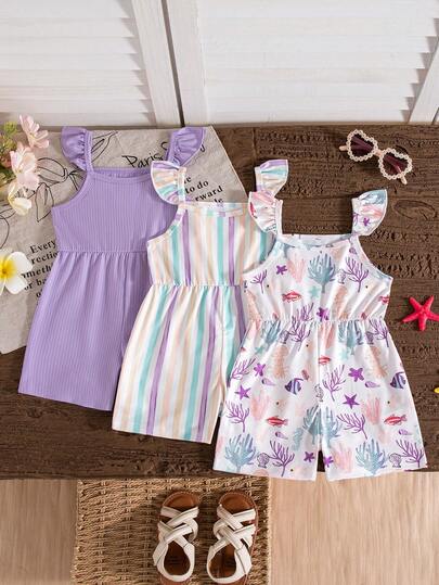 Baby Girls' Summer Underwater Animal Print, Striped & Solid Color Ruffled Sleeve 3-Piece Romper Set, Sporty Outdoor