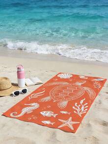 1pc Refreshing Ocean Style Sea Towel, White Outline Ocean Creature Print On Orange Background, Quick-Dry Absorbent Beach/Pool Towel, Perfect For Vacation & Photo Shoot - Multicolor - View 5