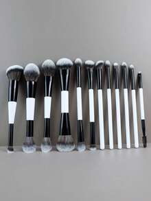 8/12支双头化妆刷套装，包含散粉刷、粉底刷、腮红刷、遮瑕刷、眼影刷、眼线刷、唇刷等，女士及女孩适用化妆工具 - 黑與白 - 查看 6