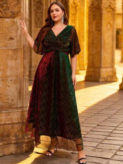 Plus Size Women V-Neck Elegant Waist Cinched Formal Party Dress