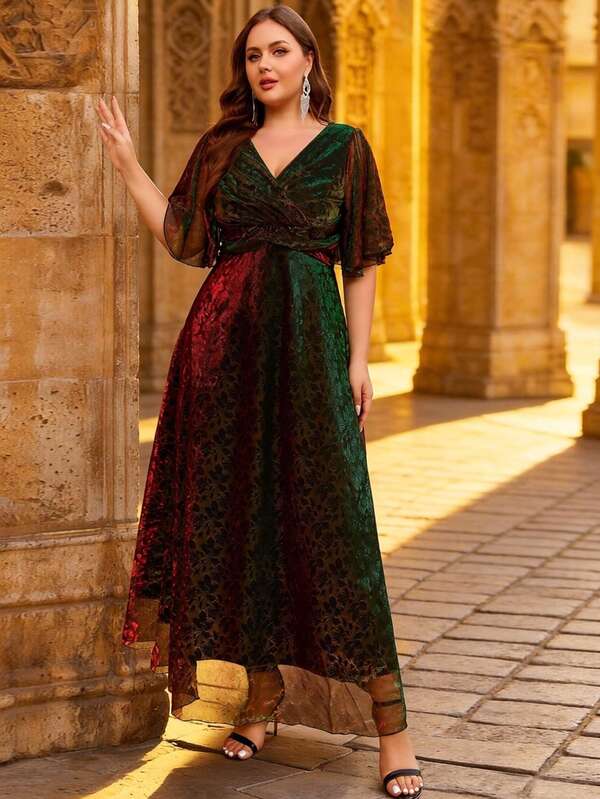 Plus Size Women V-Neck Elegant Waist Cinched Formal Party Dress