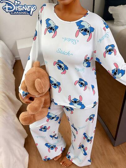 Disney 两件套女士可爱卡通史迪奇印花睡衣套装，包括长袖圆领上衣和裤子，舒适宽松版型，适合春、夏、秋季穿着。