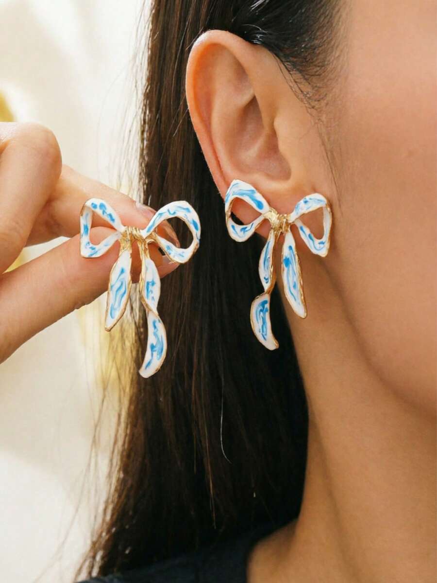 1 Pair European And American Retro Artistic Bowknot Design Earrings, Creative Elegant Porcelain-Inspired Earrings - Multicolor - View 1
