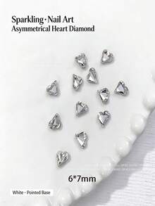50pcs Crooked Heart Nail Rhinestones, Pointed Bottom Colorful Sparkling Heart & Heart K9 Glass Crystal Nail Art Decorations, Nail Accessories, Glitter Nails Nail Charms - White - View 4