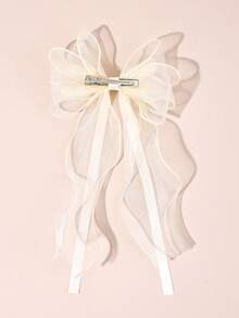 1个米色蓬松蝴蝶结发夹，优雅丝带鳄鱼夹发饰，芭蕾舞风格婚礼发夹，春夏送给女孩的甜美礼物 - 米色 - 查看 4