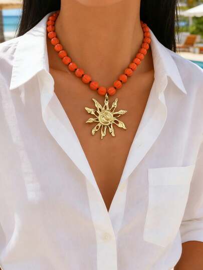 1件时尚复古夸张镂空太阳吊坠项链，亚克力南瓜串珠饰品，适合女性日常佩戴和夏季旅行