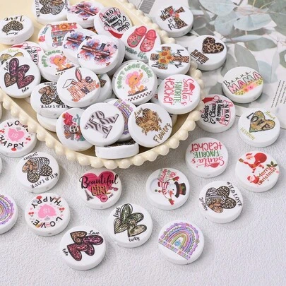 10pcs Text Printed Flat Round Silicone Beads, Vintage Leopard Print/Mother's Day Flower/Christmas Snowman Mixed Elements, Suitable For Home Decor DIY Jewelry Making Bracelets Necklaces Beading, Pen & Phone Charms, Bag Accessories Craft