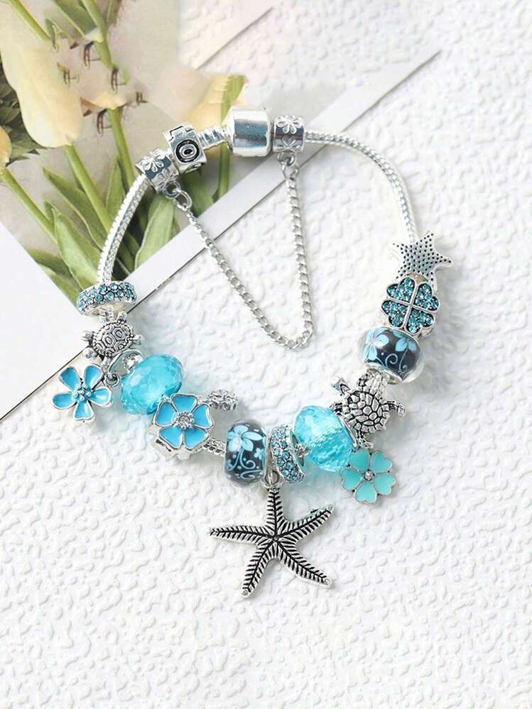 1pc European And American Fashion Creative Women Summer Ocean Style Bracelet, New Blue Ombre Flower, Starfish, Sea Turtle Charm Bracelet - Blue - View 5