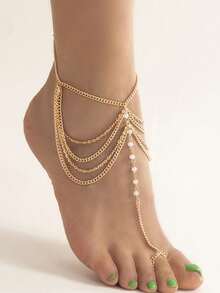 1pc Minimalist Fashion Faux Crystal Beaded Multi-Layer Toe Ring, Suitable For Beach, Vacation, Casual Wear, Birthday, Holiday Gift - Gold - View 3