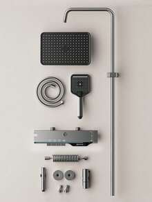 数字显示钢琴键淋浴系统，壁挂式12英寸雨淋式花洒套装，高压手持喷头，无需电源的浴室配件 - 深灰色 - 查看 9