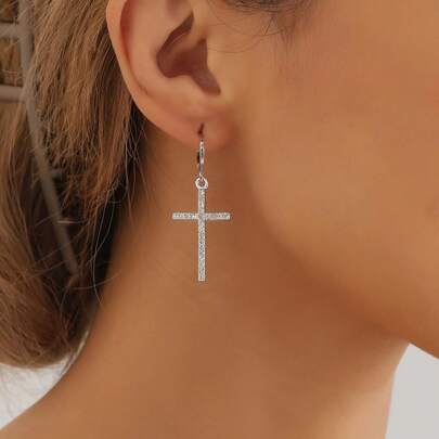 1 par de pendientes colgantes con diseño de cruz de cristal, elegantes, exquisitos y sexys, adecuados para el uso diario y fiestas de las mujeres