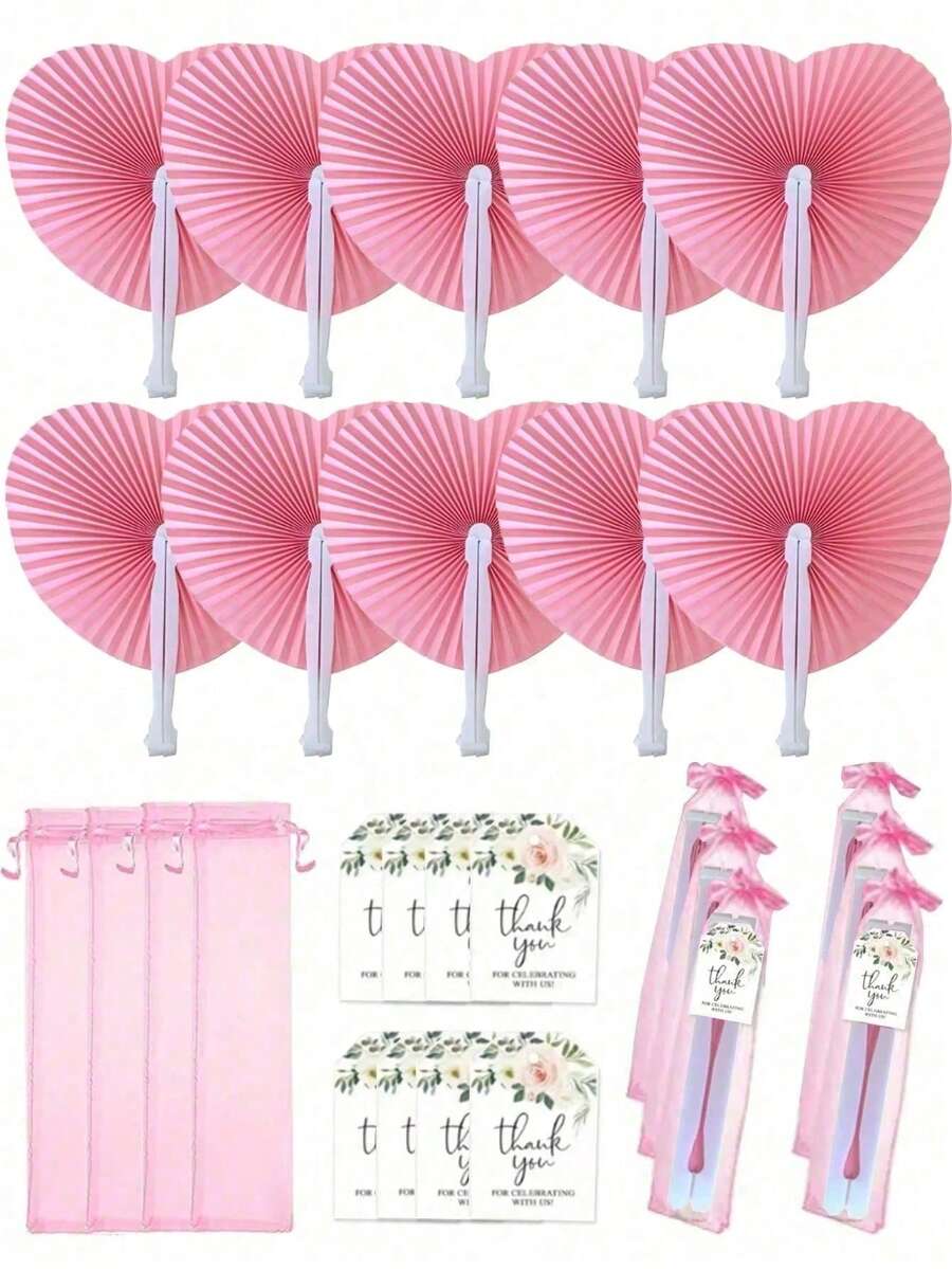 18/15/3pcs Pink Paper Hand Fan Set, Includes Pink Heart-Shaped Folding Fan, Floral Thank You Card, And Drawstring Bag, Suitable For Bridal Gifts, Bridesmaid Props, Wedding Ceremony Handheld Fans, Bachelorette Party Favors, Wedding Venue Decor, Wedding Check-In Gifts, Wedding Souvenirs, Pajama Party Gifts - Multicolor - View 1