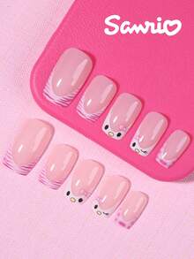 SANRIO 24片短方形3D豹纹法式美甲贴片，带有可爱蝴蝶结装饰设计，粉嫩少女风，完美适配亚克力假指甲套装，包含1片果冻胶和1个指甲锉，适合女性和女孩日常、派对和聚会使用。 - 彩色 - 查看 3