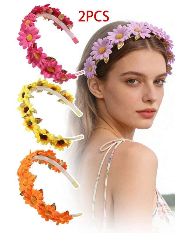 2 piezas Diadema elegante con girasol, aro para el cabello de flores artificiales, diseño con dientes antideslizantes, adecuado para salir, fiestas, bodas, vacaciones, regalo