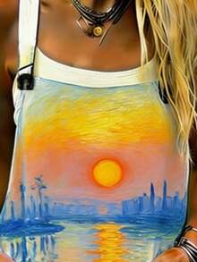 Oil Painting Landscape All-Over Print Women's Adjustable Strap Jumpsuit, Polyester Fiber Fabric, Lightweight And Breathable, Women's Clothing, Standard Size Jumpsuit, Plus Size Women's Clothing, Plus Size Jumpsuit And Romper, Plus Size Jumpsuit - 彩色 - 查看 3