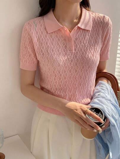 女士纯色 Polo 领短袖针织套头衫，罗纹质地，纽扣开合，适合居家、海滩、日常穿着，粉色夏季款