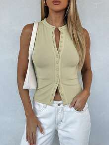 Camiseta de mujer de cuello redondo sin mangas con botones delanteros, estilo Y2K, para verano - Albaricoque gris - Ver 7