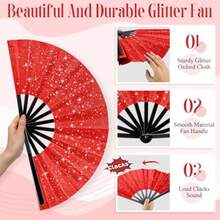 24 Pcs Large Folding Hand Fans for Line Dancing Fan with Bag Clapping Popping Raves Fans Bulk for Wedding EDM Club Party Decoration Red - Rojo - Ver 5