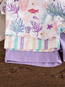 Baby Girls' Summer Underwater Animal Print, Striped & Solid Color Flutter Sleeve 3-Piece Romper Set, Sporty Outdoor - Mauve Purple - View 4