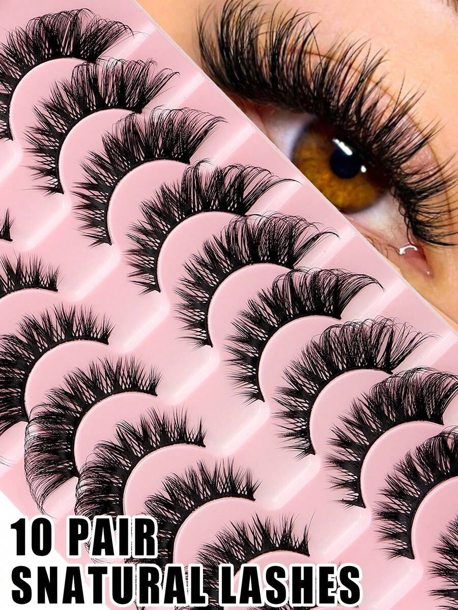 10对自然款假睫毛，D型卷翘，3D浓密效果，仿貂毛假睫毛，猫眼款假睫毛，新手友好型假睫毛套装，适合各种场合 - 查看 1