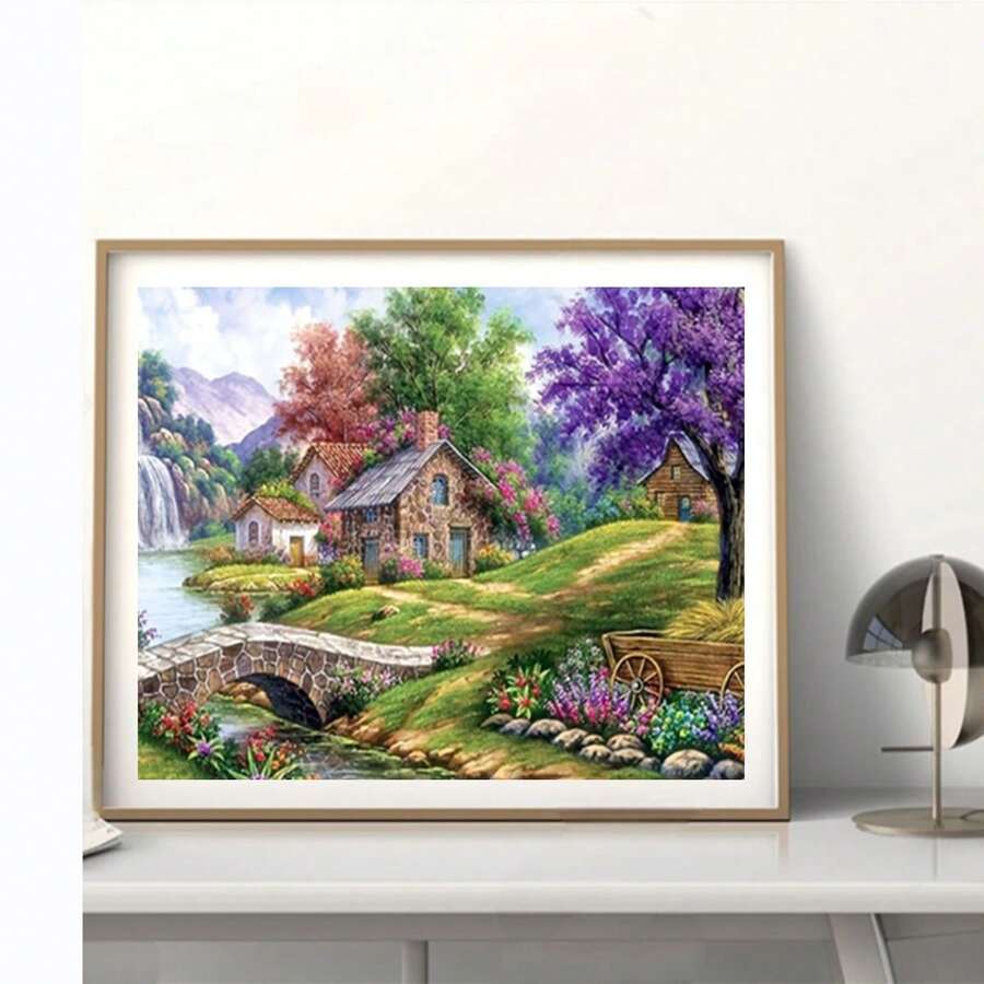 1 Set de Kit de Pintura de Diamantes sin Marco, Escenario Campestre Tranquilo con Encantadora Cabaña, Flores Vibrantes y Río, Adecuado para Decoración de Dormitorio, Sala de Estar, Oficina o Cocina, Decoración Mural Exterior, Técnica de Diamante Redondo Completo para Principiantes Adultos - Sin marco - Ver 1