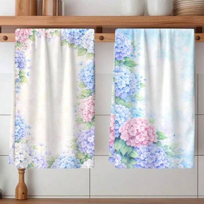 2pcs Hydrangea Printed Dish Towels, Super Absorbent Microfiber Cleaning Cloths, Machine Washable, Suitable For Holiday Decoration, Cooking, Baking, Housewarming Gifts And Cleaning Supplies, Fit For Kitchen, Bathroom, Toilet