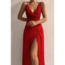 European And American 2026 Summer New Sexy V-Neck Strap Dress With Slit, Fashionable Slim Fit Dress - 綠色 - 查看 2