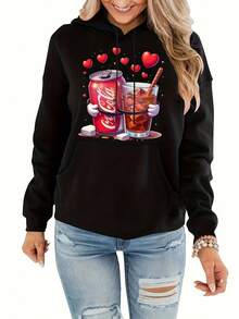 Hoodie For Women Cola Print Hoodie - Kangaroo Pocket - Casual Long Sleeve Drawstring Sweatshirt For Women2026- Spring, Y2k, Tops, Black Jumper, Maija - 黑色 - 查看 1