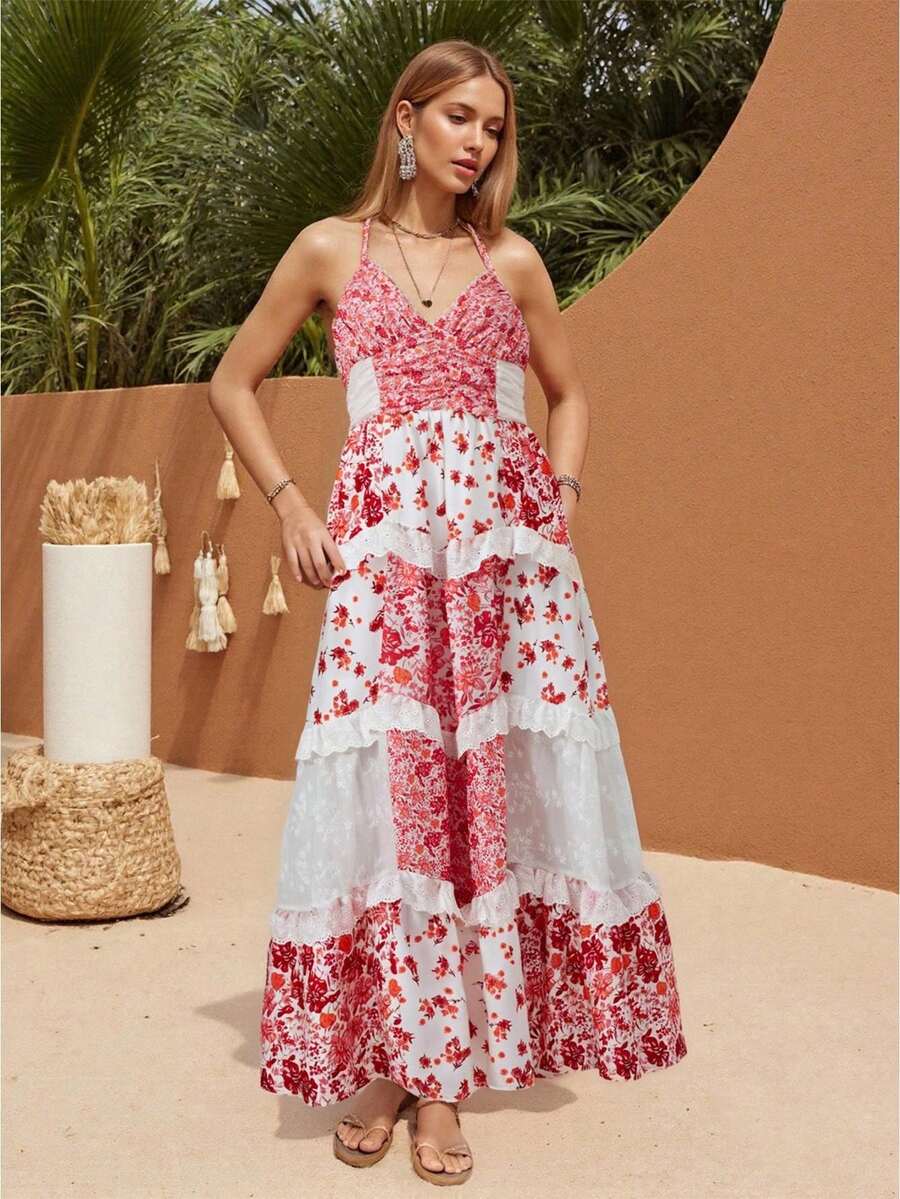 Vestidos de verano para mujer, vestido largo de playa con tirantes finos, estampado floral, estilo bohemio, corte en A, vestido largo fluido para invitada de boda. - Burdeos - Ver 1
