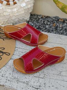 Plus Size 36-45 Summer Fashion Casual Open Toe Thick Bottom Sandals, Pink Matte, Black, Blue, Brown, Beige, Comfortable & Versatile Roman Wedge Slippers For Women - Red Crocodile Pattern - View 8