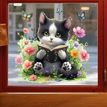 1pc Removable Reading Cat Window Sticker, Cute Cat With Flowers & Butterflies Window Decal For Living Room And Bathroom - one-size - View 4