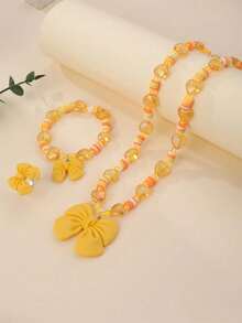 3件套女孩公主蝴蝶结首饰套装，弹力项链、手链、戒指，装扮配饰，派对礼物 - 橘色 - 查看 8