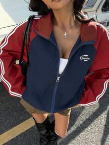 Y2K Sporty Chic! Navy Blue & Red Contrast Raglan Sleeve Baseball Jacket, Vintage Embroidered Loose Fit Bomber Coat - Multicolor - View 1
