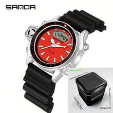 SANDA. SANDA Men's Retro Sports Electronic Watch, Dual Display Dial, Multi-Function Digital Wristwatch, Suitable For Outdoor And Daily Wear - Silver - View 12