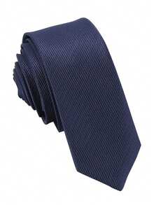 1条男士纯色藏蓝色微条纹纹理休闲领带，适合学校、正装、通勤和日常穿着。 - 藏蓝色 - 查看 2