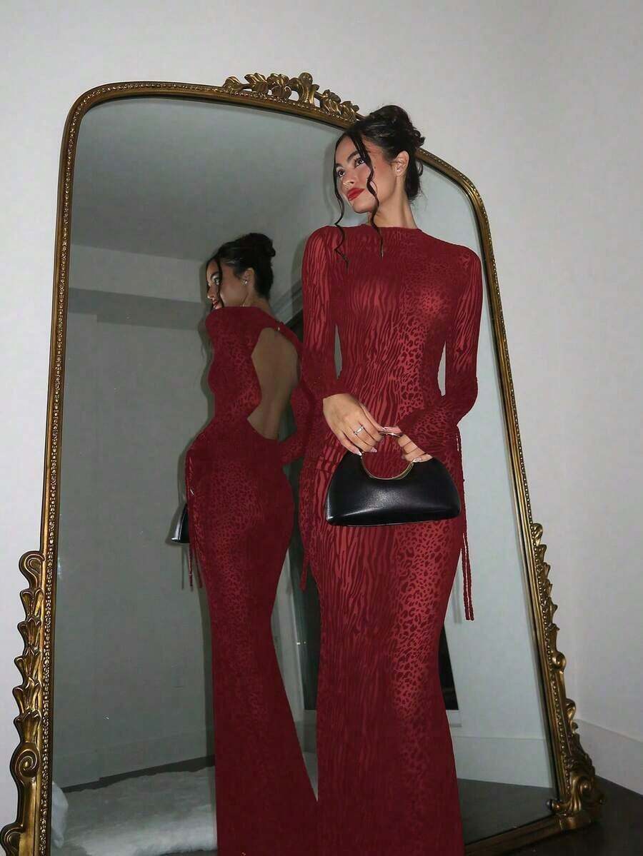 Sexy Fashionable Leopard Print Elegant Long Sleeve Dress Party - 酒紅色 - 查看 1