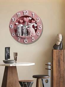Charming Pink Wall Clock With Cute Cat And Heart Decor - Silent Non-Ticking, Large White Numerals, Wooden Round Design Suitable For Home Decor, Living Room, Bedroom, Office - Perfect Gift For Cat Lovers, Cat Decor, Cute Design, Durable Structure, 2D Flat - 1 YEAR - View 3