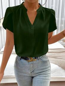 Solid Color Blouse With Notched Neckline And Petal Sleeves. - 軍綠色 - 查看 3